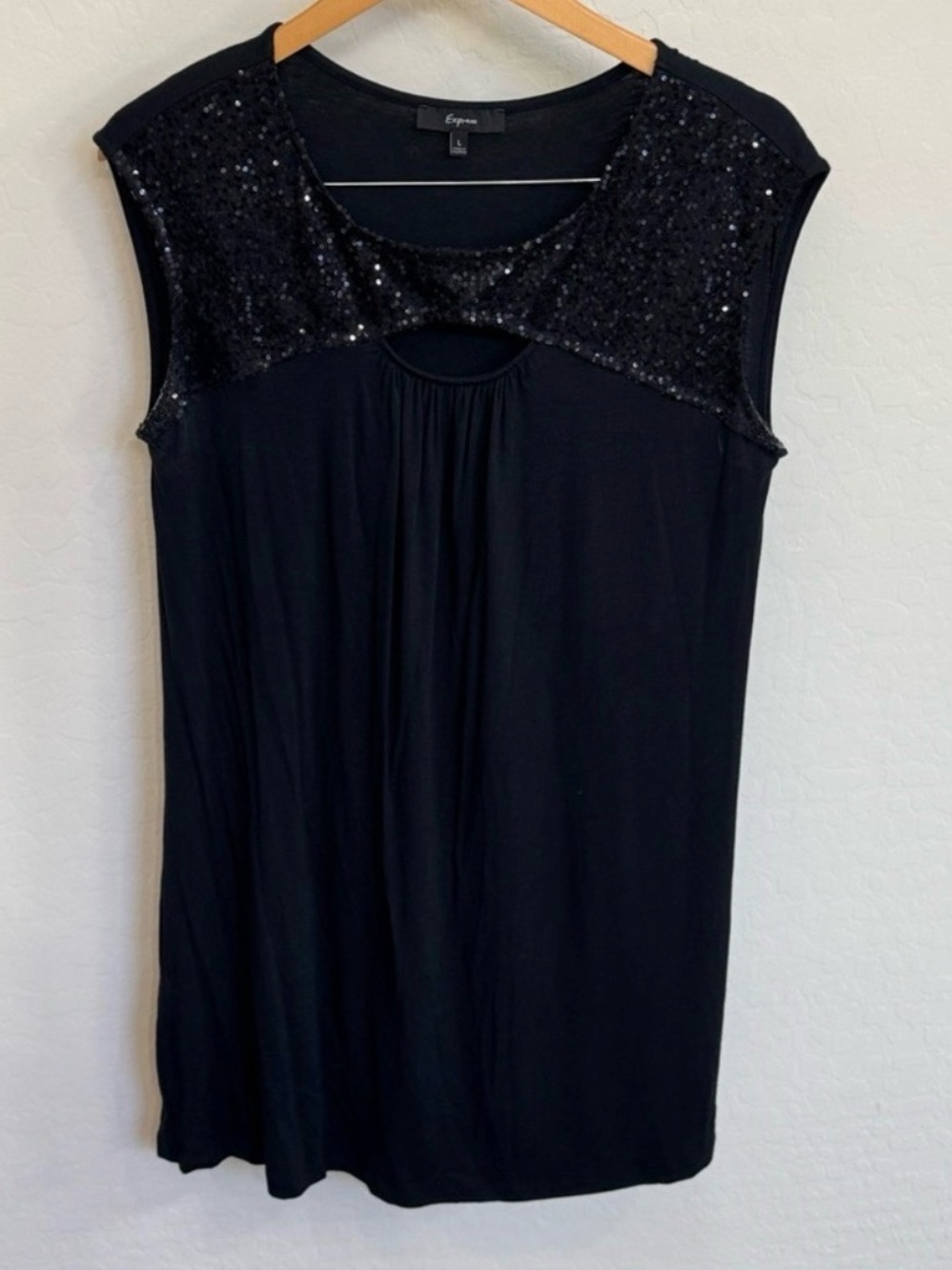 Vintage Express Black Sequin Sleeveless Mini Dress Y2K Keyhole Cutout Size Large